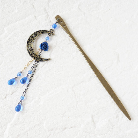 Japanese Kanzashi Hairpin Blue Rose Crescent Moon Kanzashi 1 Piece Simple