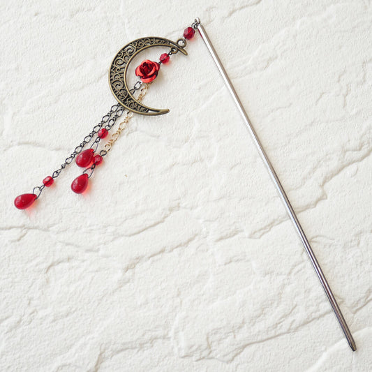 和 カンザシ 簪 赤 薔薇 三日月 かんざし 1本 シンプル