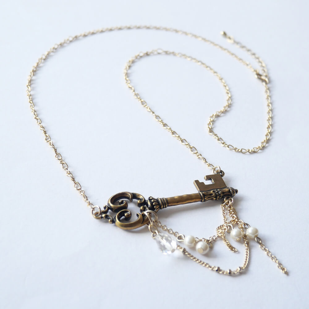 アンティーク鍵モチーフ ミニパール チェーン ゴールド ロリータアクセサリー
