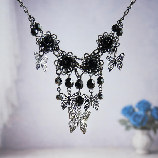 ゴシックロリータ 黒薔薇×蝶 ネックレス ガンメタ ブラック レディース クラシカル アンティーク調