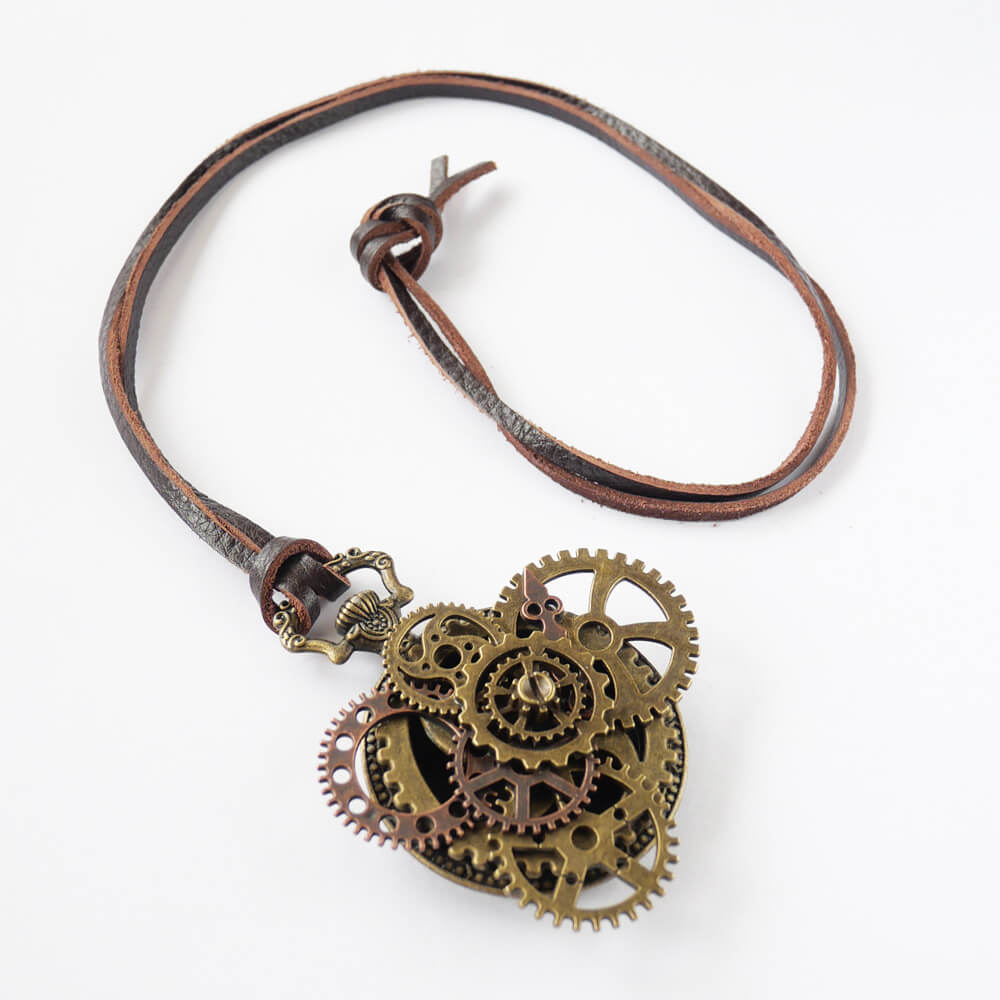 【steampunk】歯車 スチームパンク 懐中時計風 革紐 ネックレス アンティークゴールド