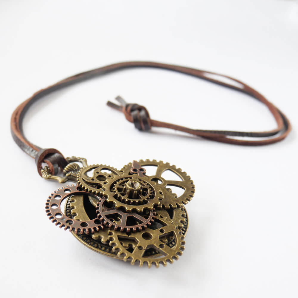 【steampunk】歯車 スチームパンク 懐中時計風 革紐 ネックレス アンティークゴールド