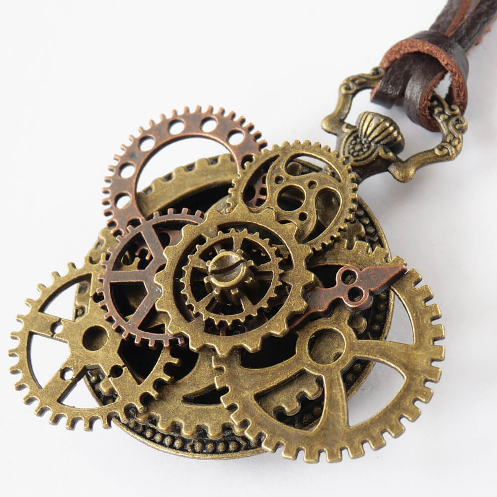 【steampunk】歯車 スチームパンク 懐中時計風 革紐 ネックレス アンティークゴールド