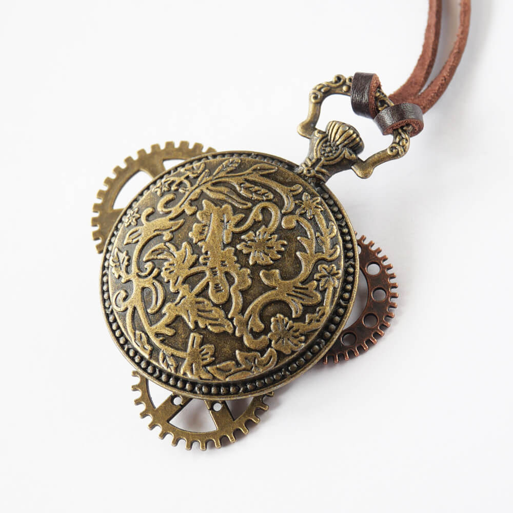【steampunk】歯車 スチームパンク 懐中時計風 革紐 ネックレス アンティークゴールド