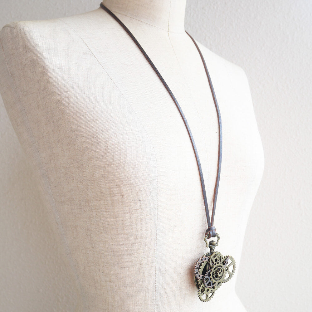 【steampunk】歯車 スチームパンク 懐中時計風 革紐 ネックレス アンティークゴールド