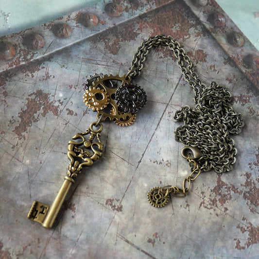 steampunk 歯車プレイト スチームパンク　鍵ペンダント