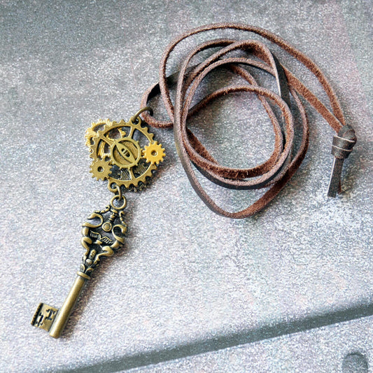 【steampunk】歯車スチームパンク 鍵 革紐 ネックレス
