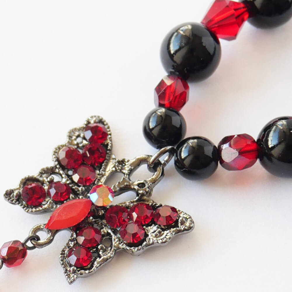 カラー ストーン 蝶 ガンメタ 黒玉 ブラック ボール ネックレス