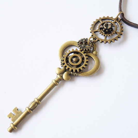 【steampunk】歯車スチームパンク 鍵 アンティークゴールド ギア 革紐 ネックレス