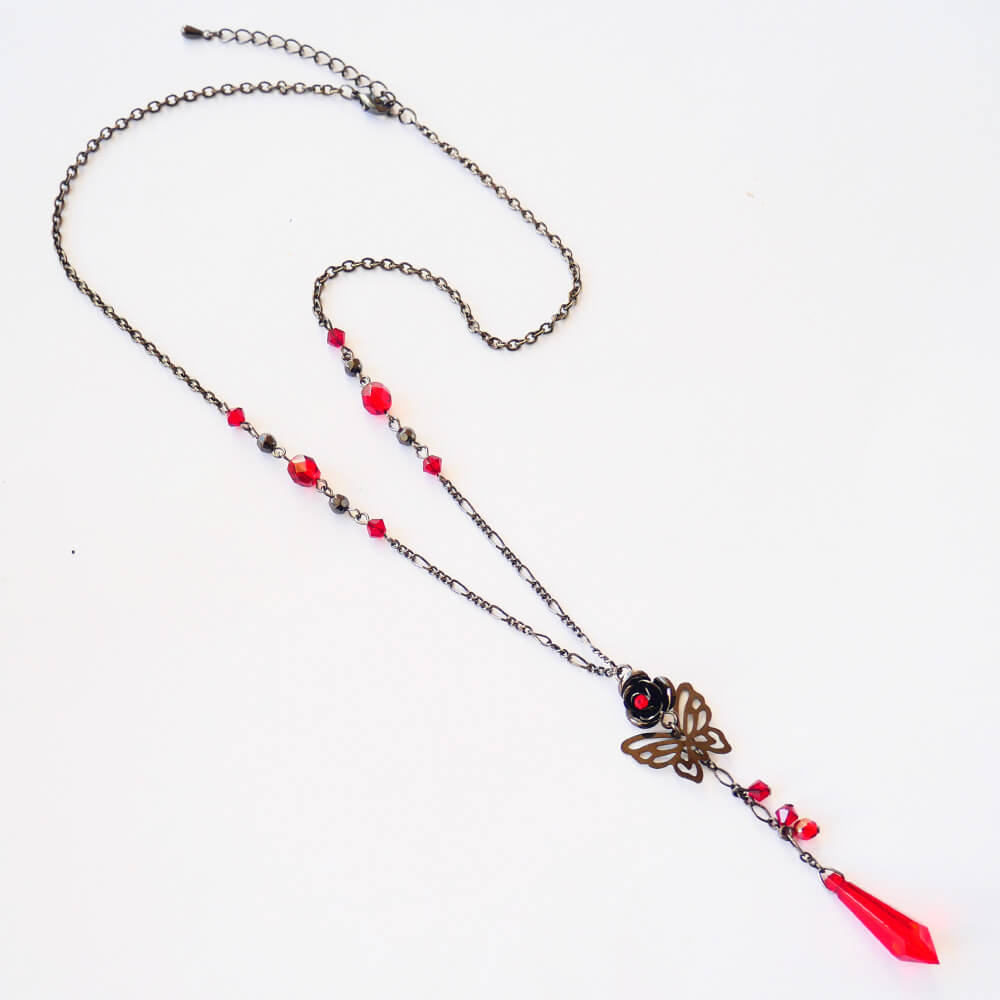 ガンメタ 薔薇 ステンド 蝶 ネックレス メイン画像