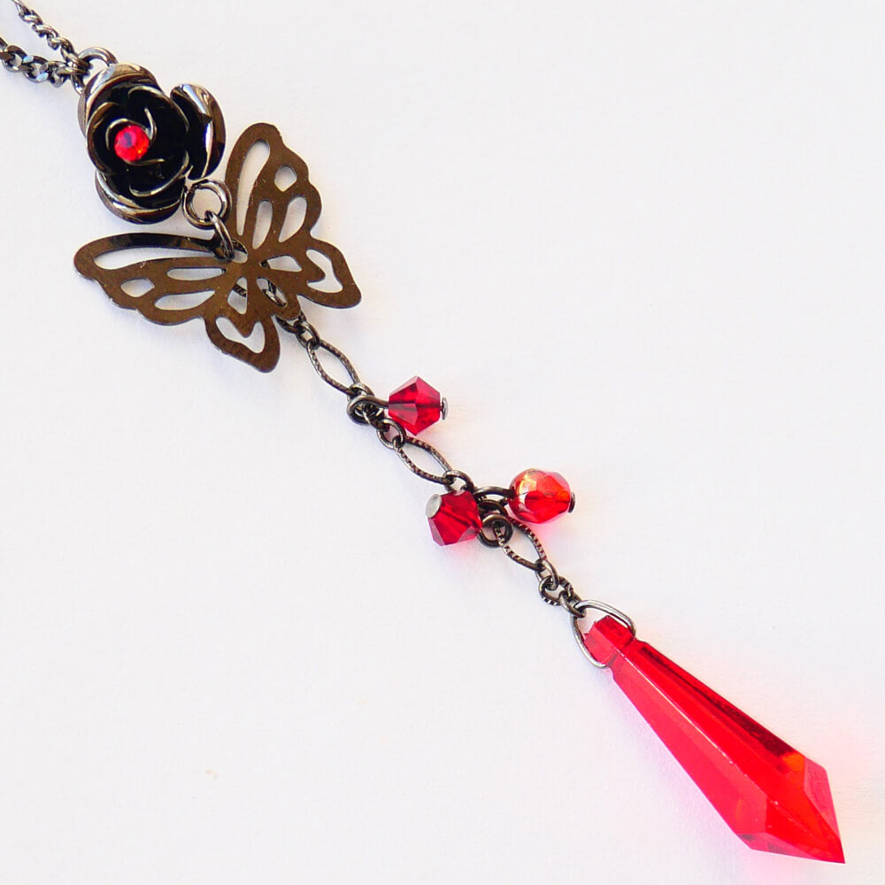 ガンメタ 薔薇 ステンド 蝶 ネックレス レッド パーツ