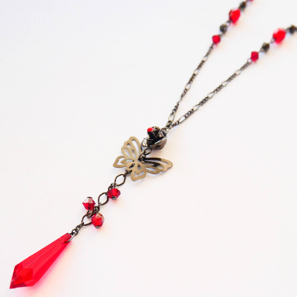 ガンメタ 薔薇 ステンド 蝶 ネックレス パーツ詳細