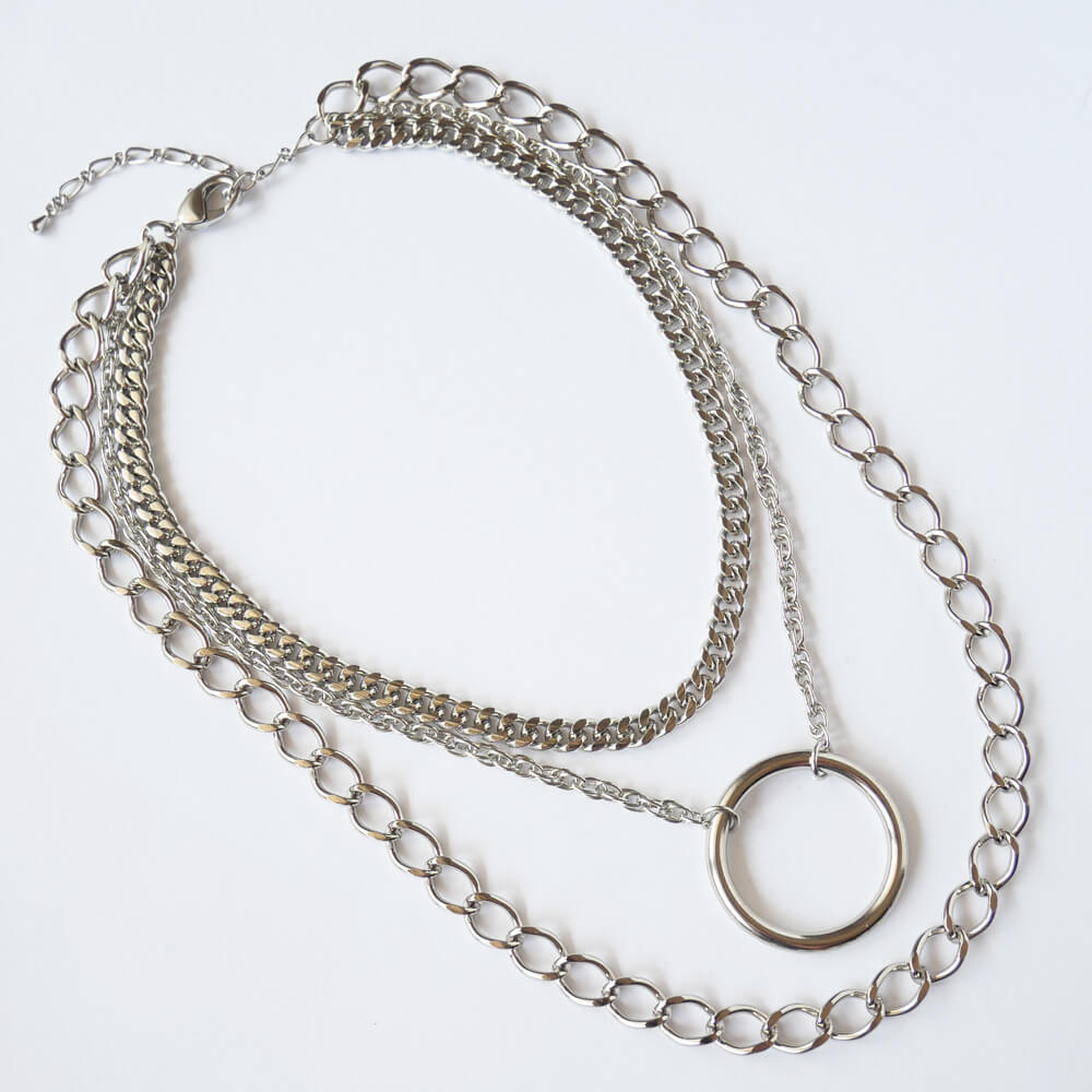 パンク ロック シルバーカラー メタル リング 3連 ハードチェーン ネックレス