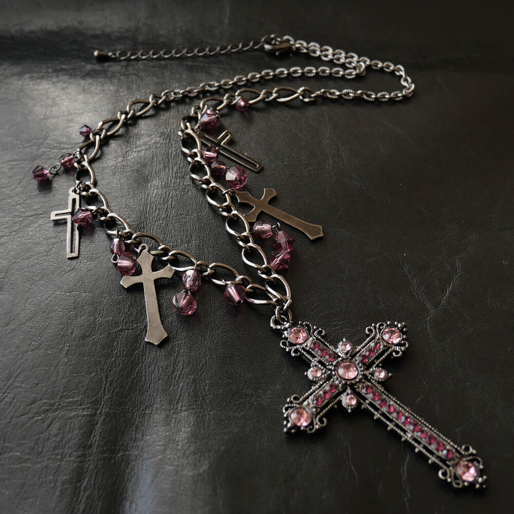 十字架 5 クロス ガンメタ ショート ネックレス