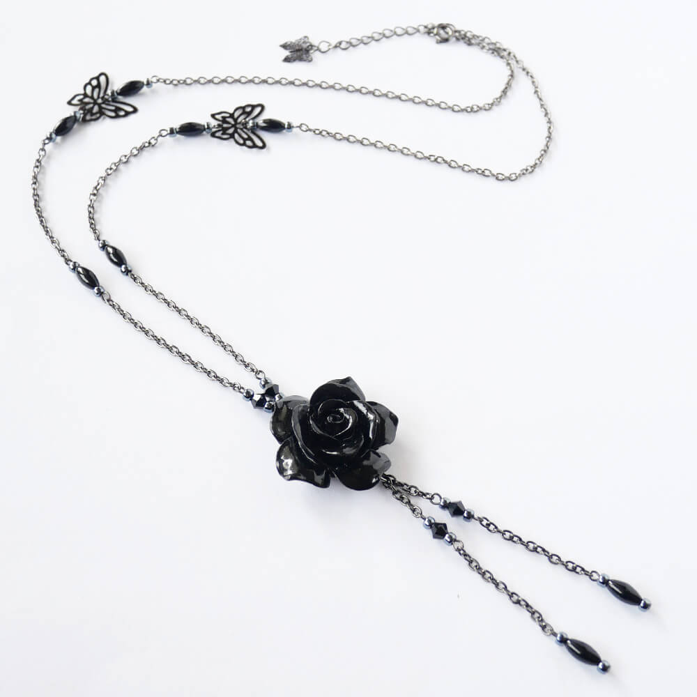 ゴスロリ ネックレス 黒薔薇 ブラックローズ 蝶 ガンメタ ゴシック ロング レディース
