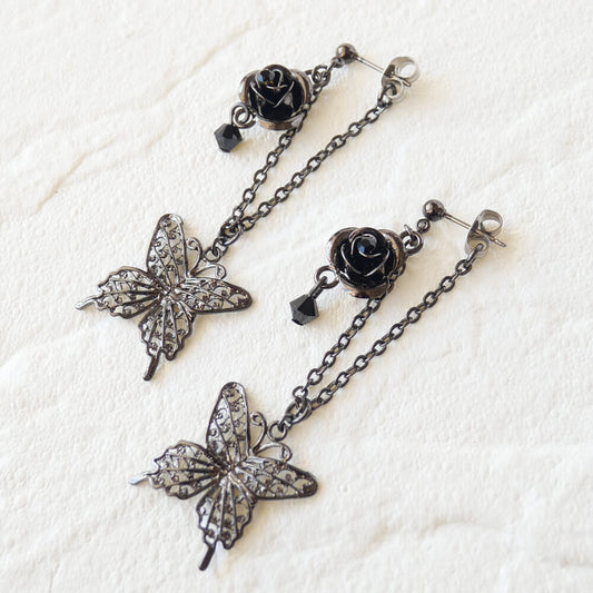 薔薇 ステンド蝶 チェーン ピアス ゴスロリ