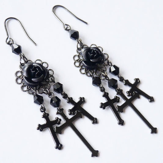 黒薔薇＆十字架ピアス ブラック クロス