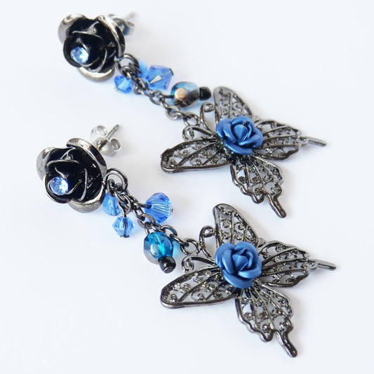 ステンド 蝶 青薔薇 ピアス