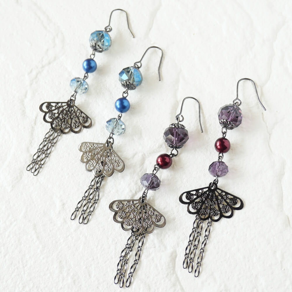 Earrings, Japanese style, crystal, fan, purple