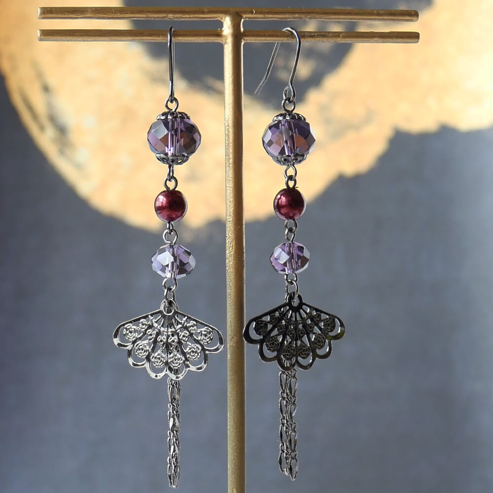 Earrings, Japanese style, crystal, fan, purple