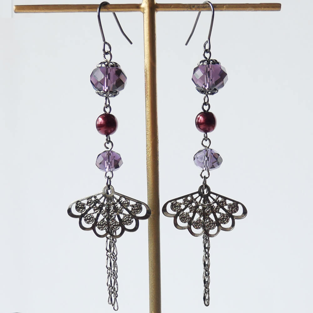 Earrings, Japanese style, crystal, fan, purple