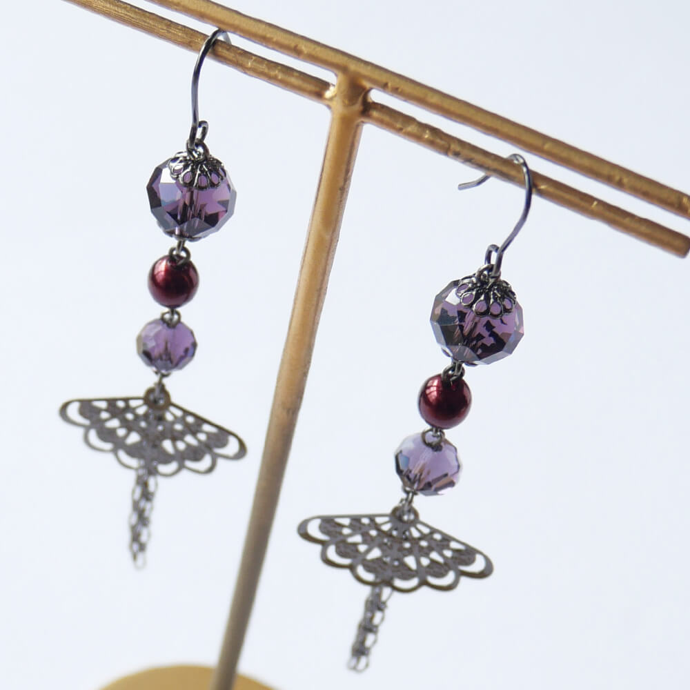 Earrings, Japanese style, crystal, fan, purple