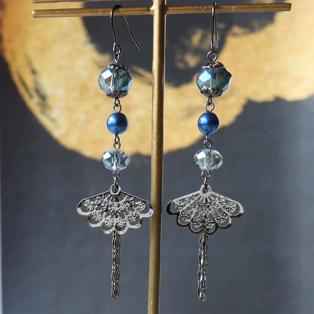 Earrings, Japanese style, crystal, fan, purple