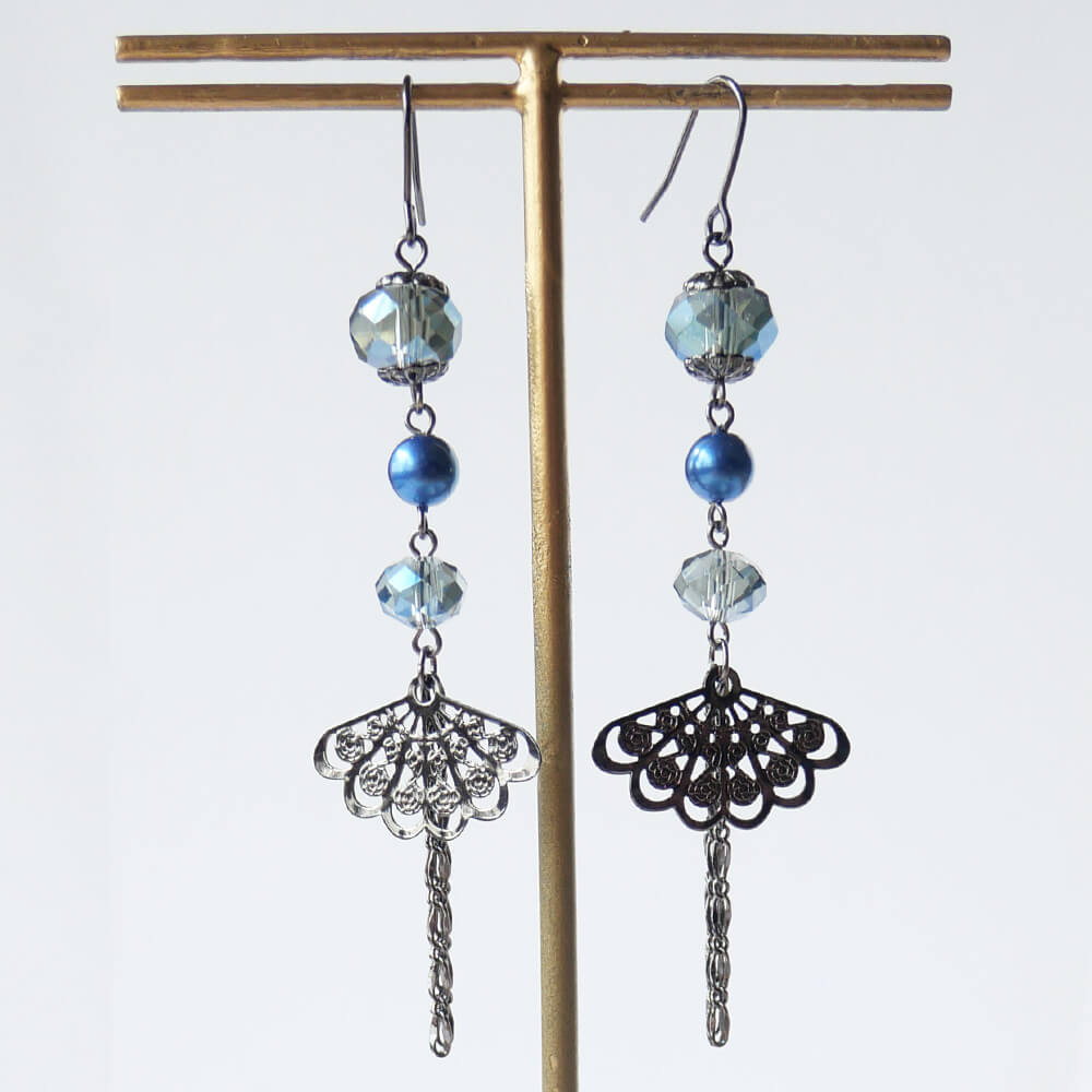 Earrings, Japanese style, crystal, fan, purple