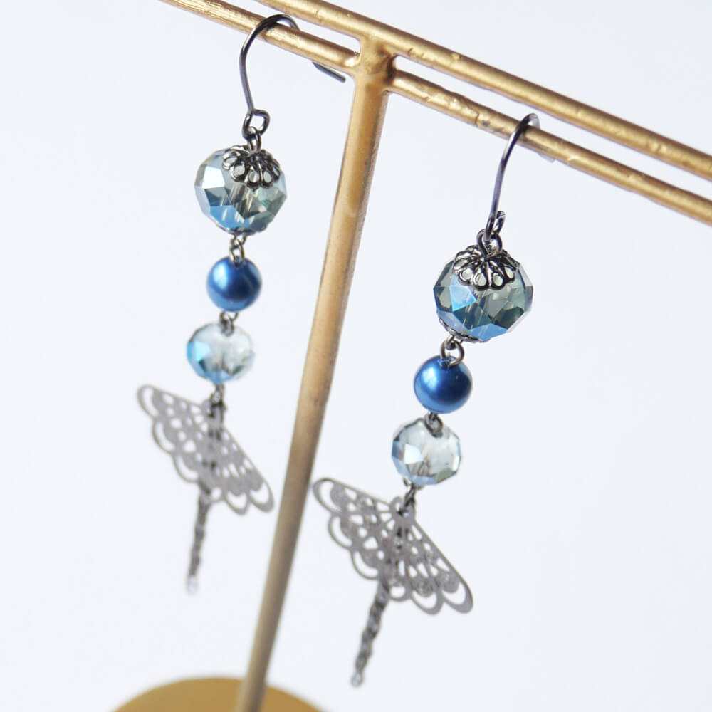 Earrings, Japanese style, crystal, fan, purple