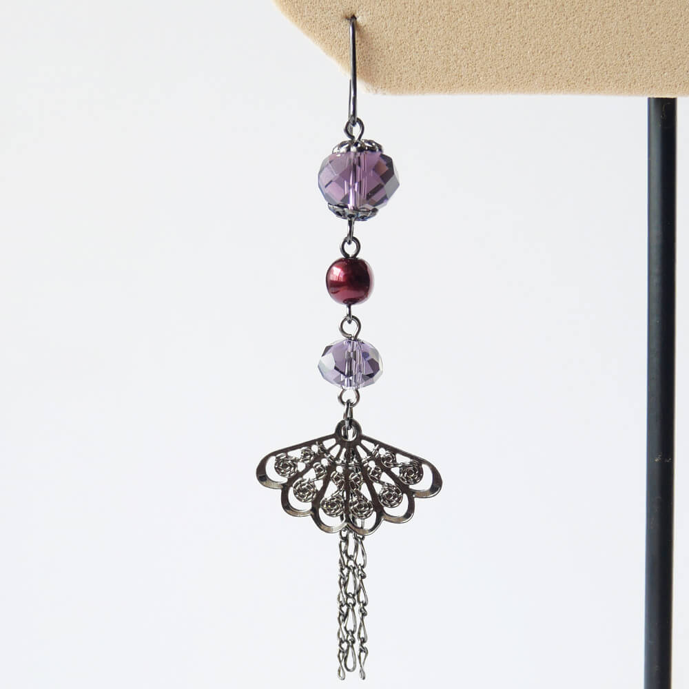 Earrings, Japanese style, crystal, fan, purple