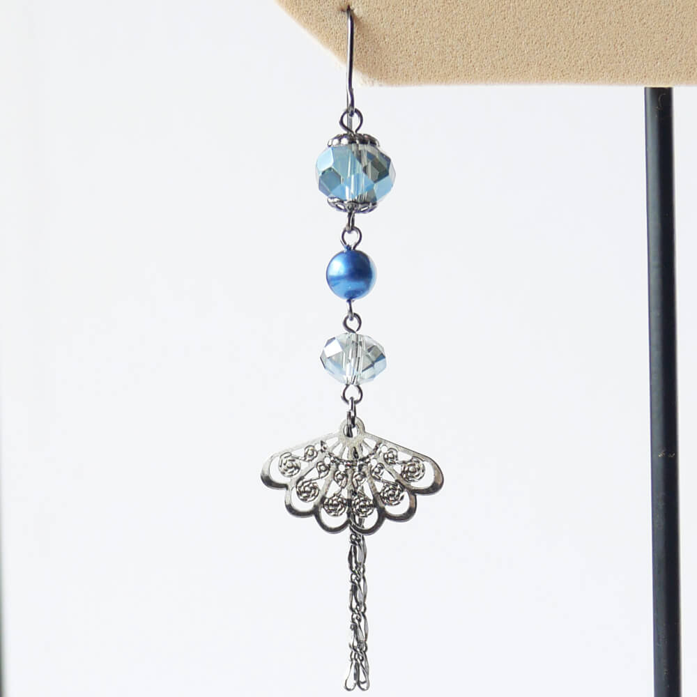 Earrings, Japanese style, crystal, fan, purple