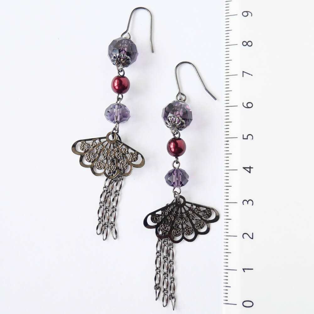 Earrings, Japanese style, crystal, fan, purple