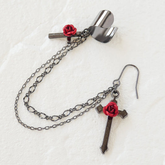 ゴシックロリータ 薔薇 十字架 イヤカフ ピアス 片耳タイプ