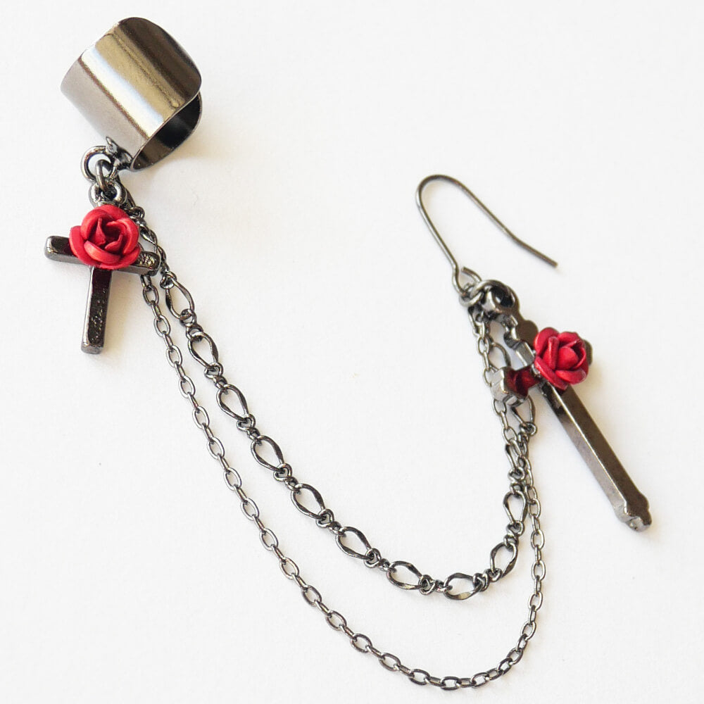 ゴシックロリータ 薔薇 十字架 イヤカフ ピアス 片耳タイプ