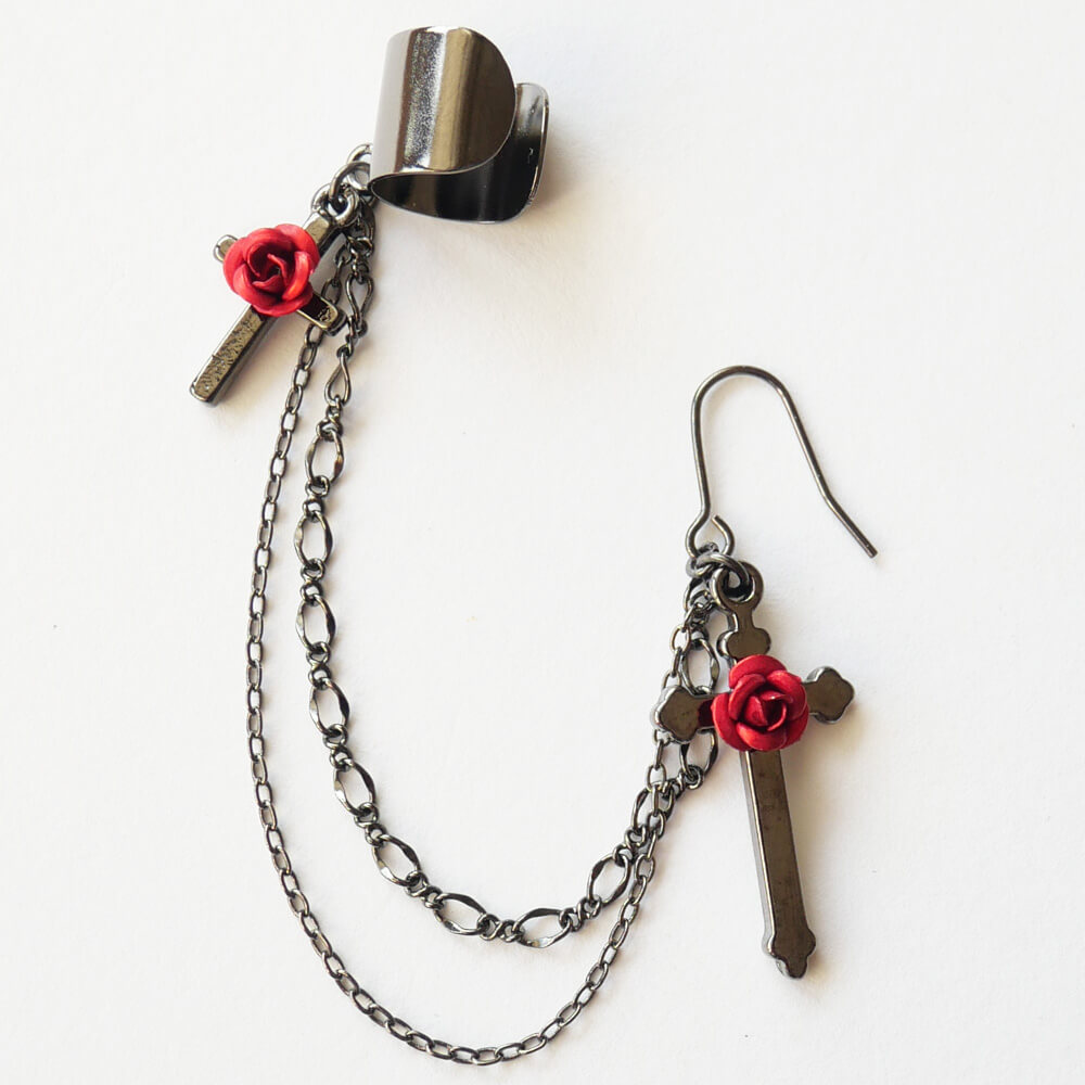 ゴシックロリータ 薔薇 十字架 イヤカフ ピアス 片耳タイプ