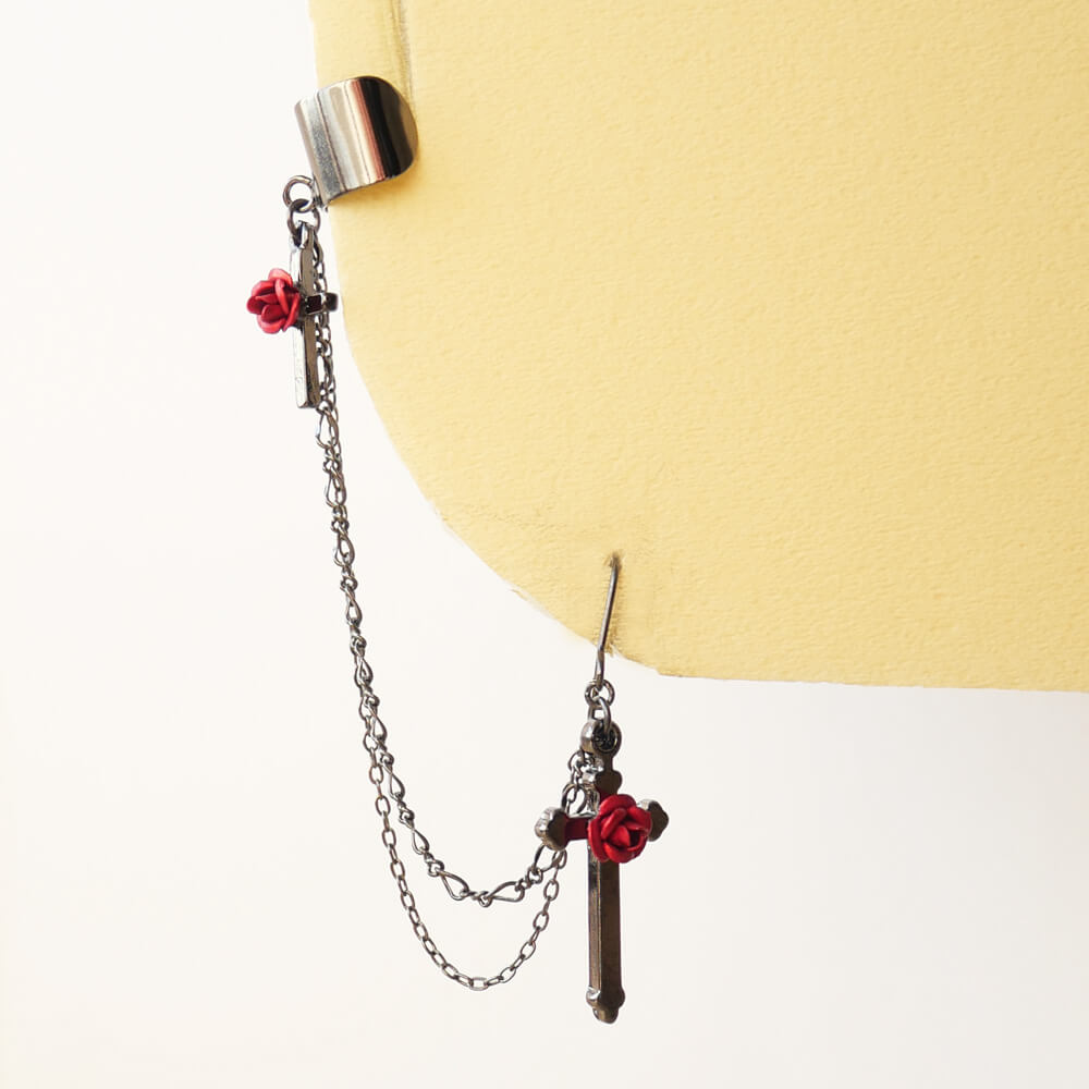 ゴシックロリータ 薔薇 十字架 イヤカフ ピアス 片耳タイプ