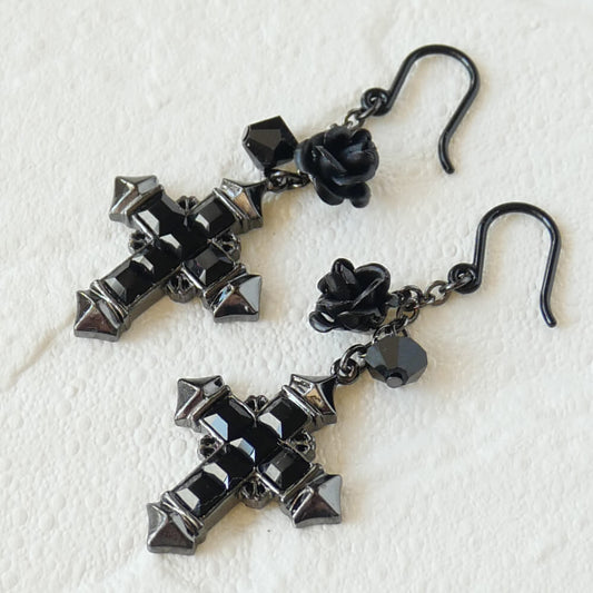 Black Rose Square Stone Cross Earring