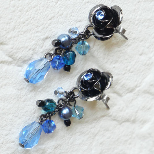 【ローズガーデン】青 薔薇 ブルー パール クリスタル ピアス