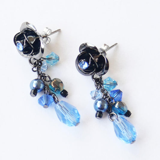 【ローズガーデン】青 薔薇 ブルー パール クリスタル ピアス