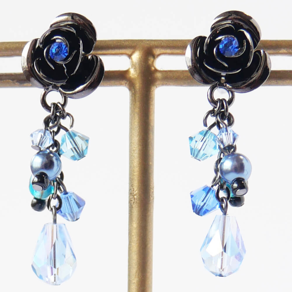 ブルー 青薔薇 ピアス ローズ パール クリスタル ゴシック ゴスロリ アクセサリー