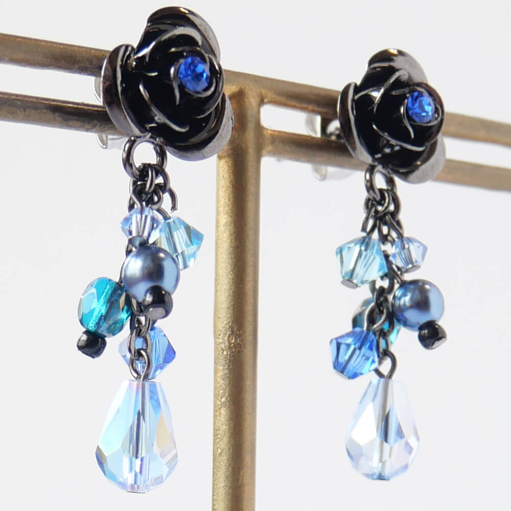 ブルー 青薔薇 ピアス ローズ パール クリスタル ゴシック ゴスロリ アクセサリー