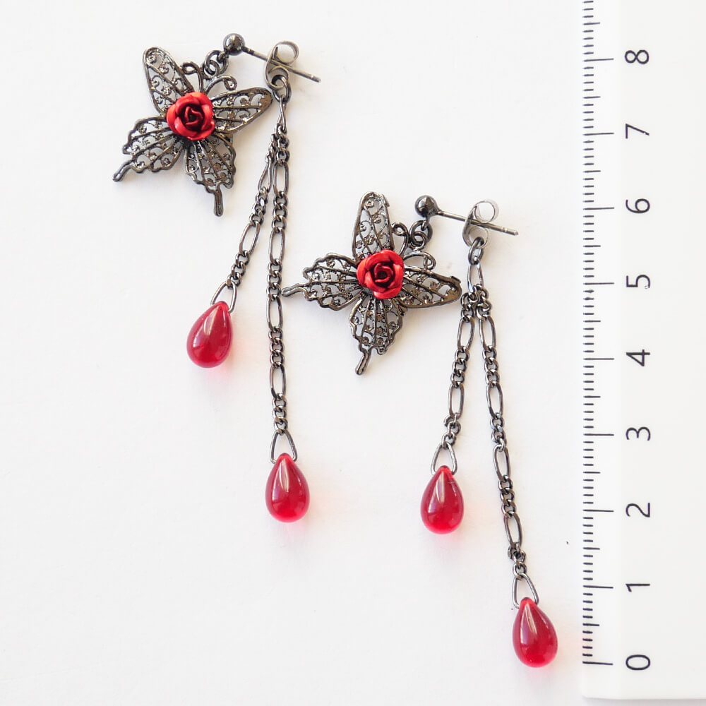薔薇 蝶 ピアス ドロップガラス