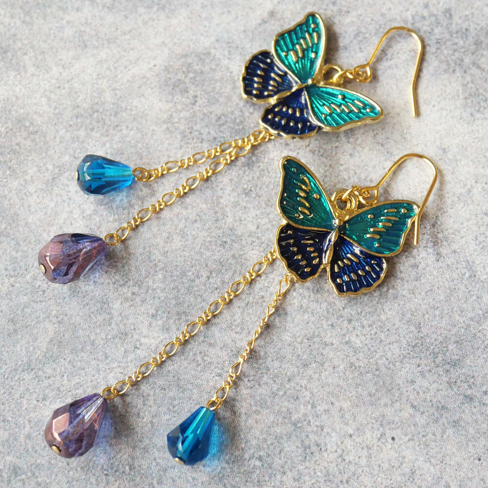 エスニック風 蝶 ピアス パープル グリーン ゴールド ゴスロリ レディース バイカラー 緑 紫