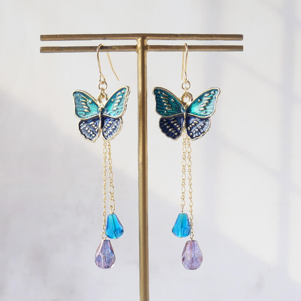 エスニック風 蝶 ピアス パープル グリーン ゴールド ゴスロリ レディース バイカラー 緑 紫