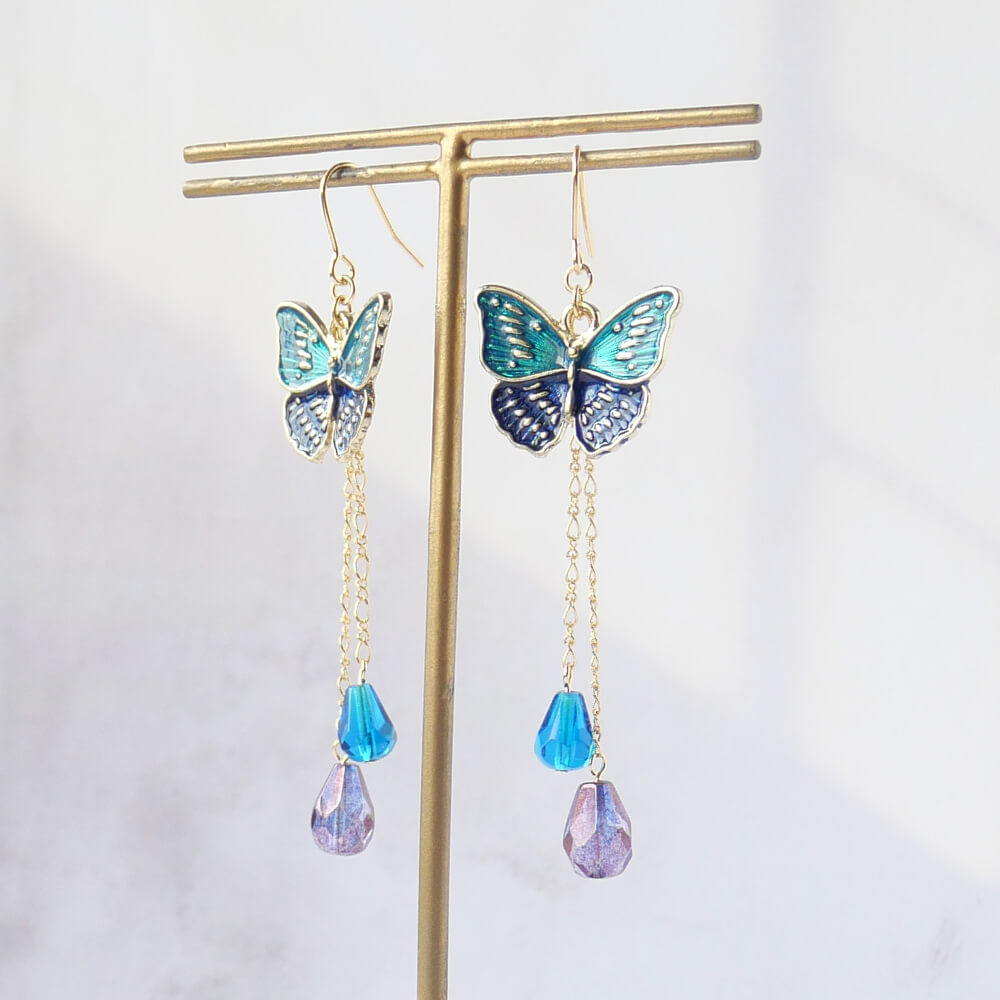 エスニック風 蝶 ピアス パープル グリーン ゴールド ゴスロリ レディース バイカラー 緑 紫