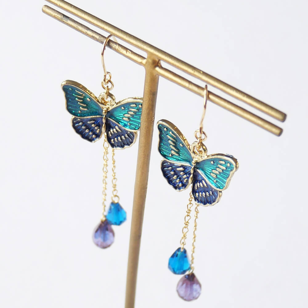 エスニック風 蝶 ピアス パープル グリーン ゴールド ゴスロリ レディース バイカラー 緑 紫