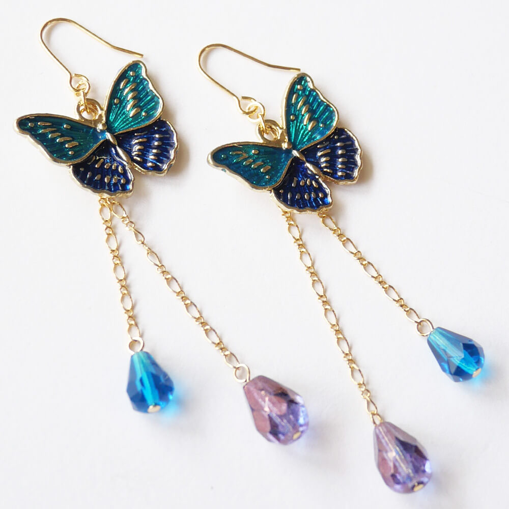 エスニック風 蝶 ピアス パープル グリーン ゴールド ゴスロリ レディース バイカラー 緑 紫