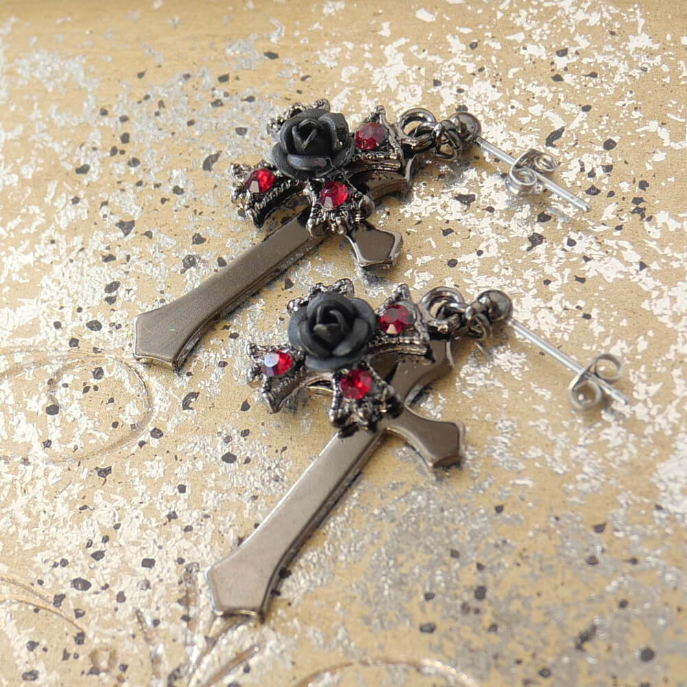 ピアス 十字架 黒薔薇 ブラックローズ クロス