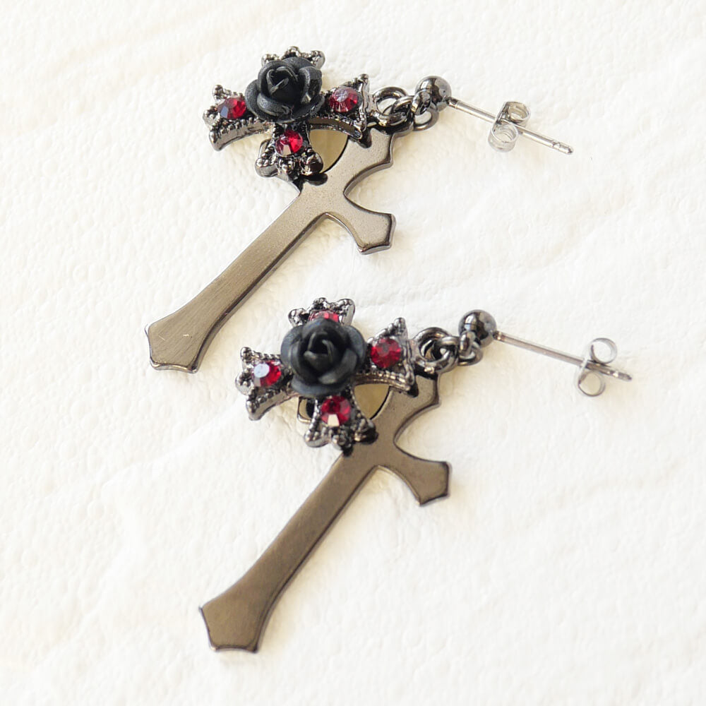 ピアス 十字架 黒薔薇 ブラックローズ クロス