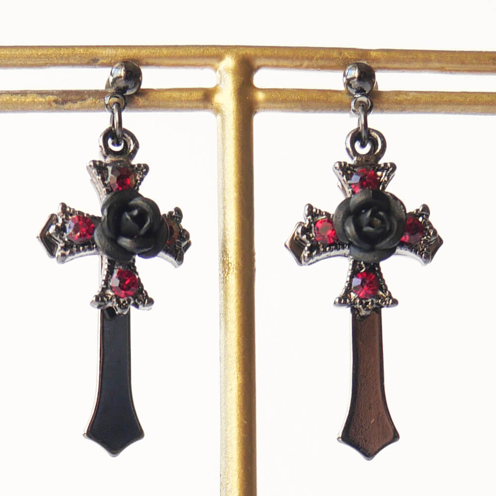 ピアス 十字架 黒薔薇 ブラックローズ クロス